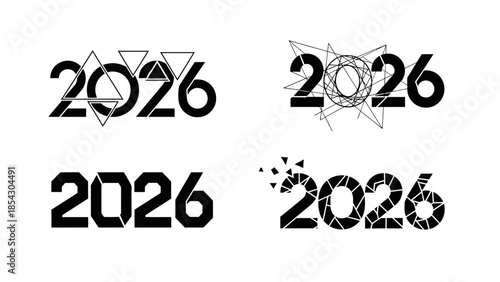 Creative artistic representations of the year 2026 in black and white modern designs