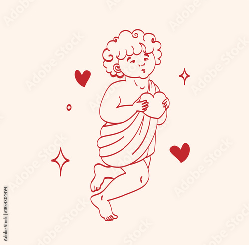 Minimal red lineart illustration of a cupid with heart with elegant lines and sparkles in vintage style. Element is perfect for greeting cards, invitations, print, wedding, packaging, advertising