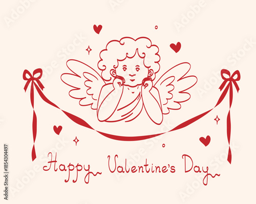 Minimal red lineart greeting card of cupid with wings, garland, heart with elegant lines and sparkles in vintage style. Element is perfect for invitations, print, wedding, packaging, advertising