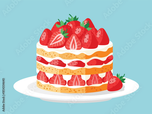 Strawberry shortcake flat illustration with sponge layers, cream, and fresh strawberries, isolated on clean background, ideal for bakery menus, dessert packaging, and food advertising