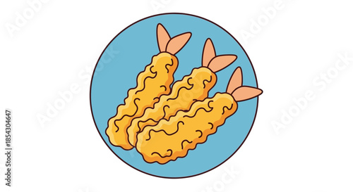Crispy golden tempura shrimp illustration on a blue background minimal 50 characters