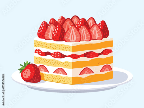 Strawberry shortcake flat illustration with sponge layers, cream, and fresh strawberries, isolated on clean background, ideal for bakery menus, dessert packaging, and food advertising
