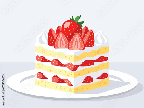 Strawberry shortcake flat illustration with sponge layers, cream, and fresh strawberries, isolated on clean background, ideal for bakery menus, dessert packaging, and food advertising