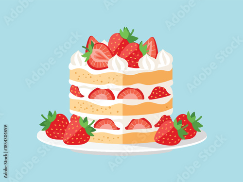 Strawberry shortcake flat illustration with sponge layers, cream, and fresh strawberries, isolated on clean background, ideal for bakery menus, dessert packaging, and food advertising