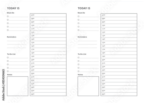 Minimal Daily Planner Template, Two Planners on A4 Page, Hourly Schedule, To-Do List, Notes and Reminders, Black and White Printable Productivity Organizer for Printing on Colored Paper
