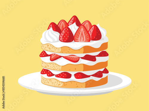 Strawberry shortcake flat illustration with sponge layers, cream, and fresh strawberries, isolated on clean background, ideal for bakery menus, dessert packaging, and food advertising