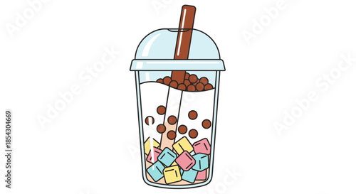 Cute and colorful bubble tea with ice cubes and tapioca pearls a delightful beverage illustration