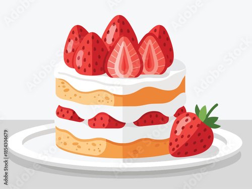 Strawberry shortcake flat illustration with sponge layers, cream, and fresh strawberries, isolated on clean background, ideal for bakery menus, dessert packaging, and food advertising