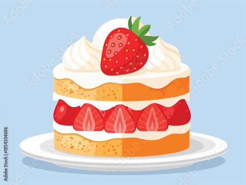 Strawberry shortcake flat illustration with sponge layers, cream, and fresh strawberries, isolated on clean background, ideal for bakery menus, dessert packaging, and food advertising