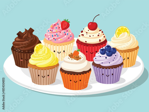 Assorted cupcakes flat illustration with different frosting flavors, bakery dessert collection isolated on clean background, ideal for bakery displays, menus, and party graphics
