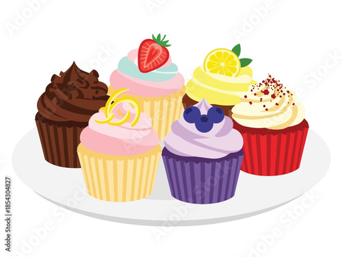 Assorted cupcakes flat illustration with different frosting flavors, bakery dessert collection isolated on clean background, ideal for bakery displays, menus, and party graphics