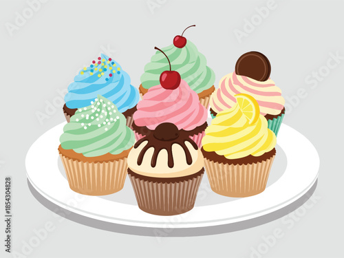 Assorted cupcakes flat illustration with different frosting flavors, bakery dessert collection isolated on clean background, ideal for bakery displays, menus, and party graphics