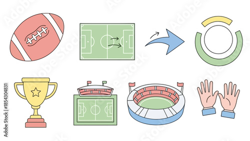 Sports strategy and game flow icons illustrating play direction, scoring, and match progression.