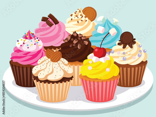 Assorted cupcakes flat illustration with different frosting flavors, bakery dessert collection isolated on clean background, ideal for bakery displays, menus, and party graphics