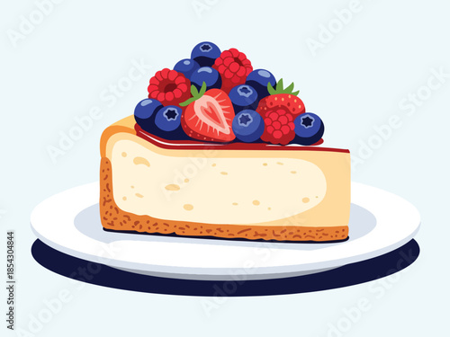 Classic cheesecake flat illustration with creamy texture and fruit topping, isolated on clean background, ideal for café menus, dessert branding, and food marketing