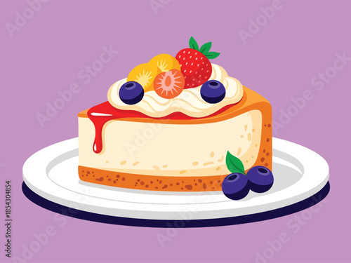 Classic cheesecake flat illustration with creamy texture and fruit topping, isolated on clean background, ideal for café menus, dessert branding, and food marketing