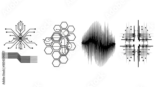 Digital circuit board patterns and sound wave abstract graphics on white background