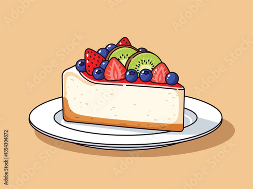Classic cheesecake flat illustration with creamy texture and fruit topping, isolated on clean background, ideal for café menus, dessert branding, and food marketing