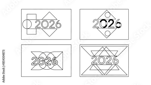 Diverse 2026 Year Designs Featuring Abstract Geometric Shapes and Numerals Minimalist Style