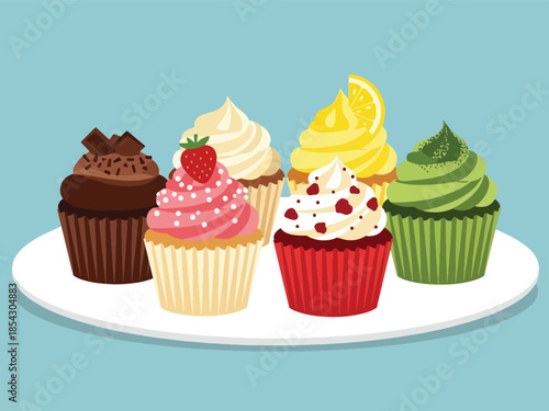Assorted cupcakes flat illustration with different frosting flavors, bakery dessert collection isolated on clean background, ideal for bakery displays, menus, and party graphics