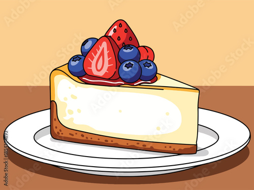 Classic cheesecake flat illustration with creamy texture and fruit topping, isolated on clean background, ideal for café menus, dessert branding, and food marketing