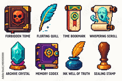Pixel art magical artifacts: enchanted tome, quill, bookmark, scroll, crystal, codex, ink, stamp