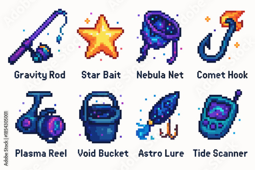 Pixel art fishing gear: gravity rod, star bait, nebula net, comet hook