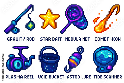 Colorful pixel art fishing gear collection with celestial themes