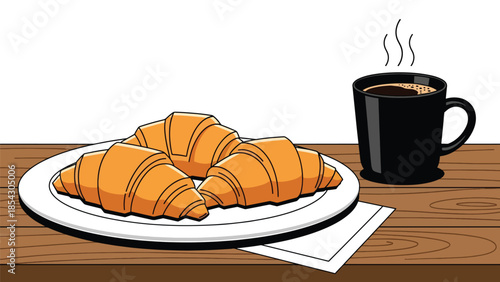 Croissant breakfast flat illustration with coffee, bakery morning food concept isolated on clean background, ideal for breakfast menus, cafés, and food promotions