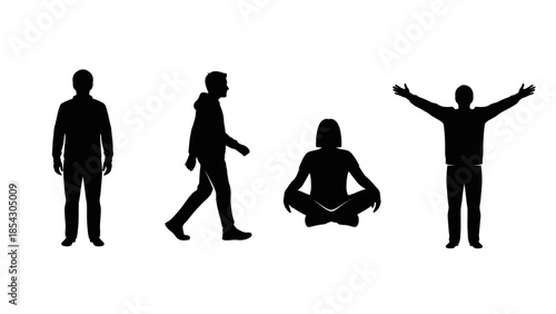 Diverse human silhouettes representing various activities and states of being on white background