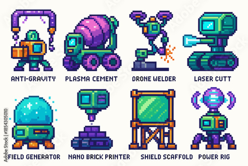 Futuristic pixel art robots and gadgets with unique functions and designs