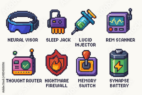 Pixel art sci-fi gadgets: neural visor, sleep jack, lucid injector, rem scanner, thought router