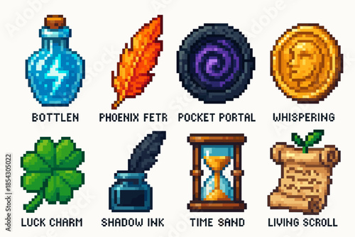 Pixel art fantasy items: bottled potion, phoenix feather, pocket portal, whispering coin