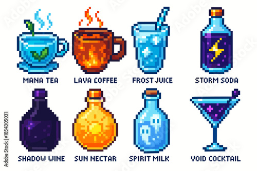 Pixel art magical potions: mana tea, lava coffee, frost juice, storm soda, shadow wine, sun nectar, spirit milk, void cocktail