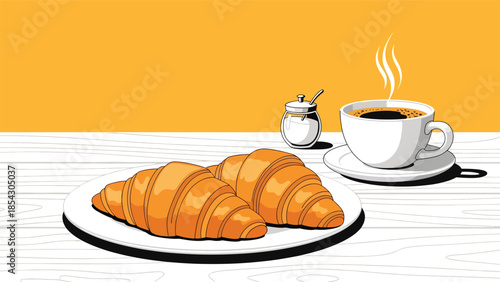 Croissant breakfast flat illustration with coffee, bakery morning food concept isolated on clean background, ideal for breakfast menus, cafés, and food promotions