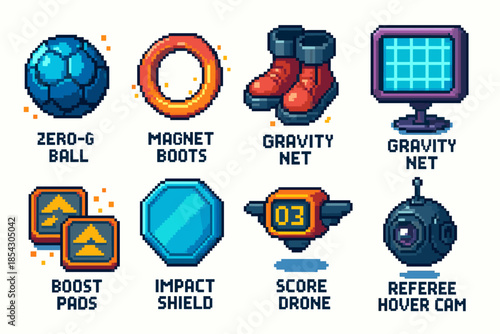 Pixel art sci-fi gadgets: zero-g ball, magnet boots, gravity net, boost pads, impact shield
