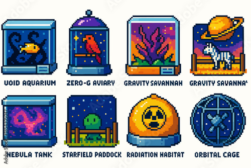 Pixel art space-themed animal habitats in futuristic containers