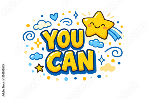 Motivational cartoon star with positive message and decorative elements