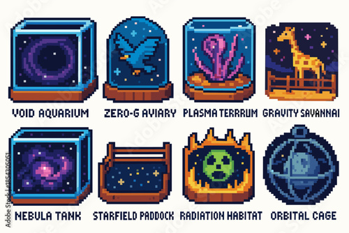Pixel art space-themed terrariums featuring cosmic and wildlife elements