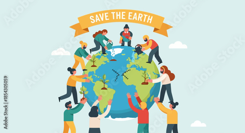 Diverse group of people working together to save the earth and plant trees for a sustainable future