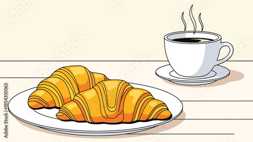 Croissant breakfast flat illustration with coffee, bakery morning food concept isolated on clean background, ideal for breakfast menus, cafés, and food promotions