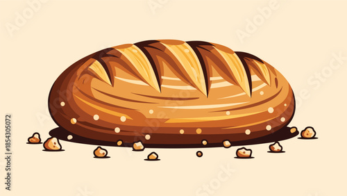 Artisan bread loaf flat illustration with rustic crust texture, isolated on clean background, ideal for bakery branding, bread packaging, and food education visuals