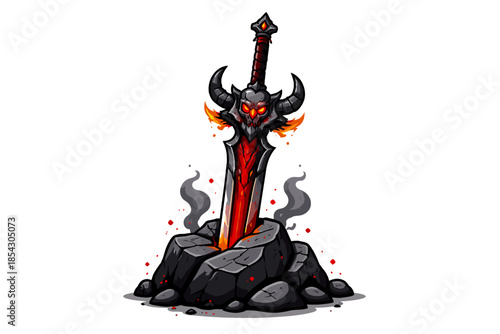Fiery demonic sword with horned skull embedded in rock