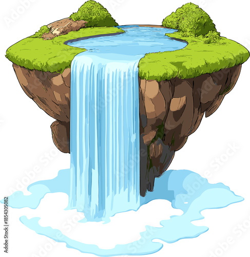 Floating island with waterfall and lush greenery