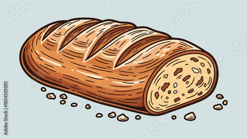 Artisan bread loaf flat illustration with rustic crust texture, isolated on clean background, ideal for bakery branding, bread packaging, and food education visuals