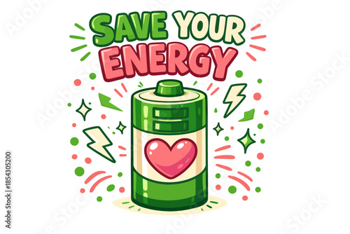 Save your energy poster with heart-battery and colorful design elements