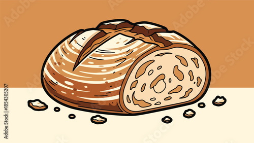 Artisan bread loaf flat illustration with rustic crust texture, isolated on clean background, ideal for bakery branding, bread packaging, and food education visuals