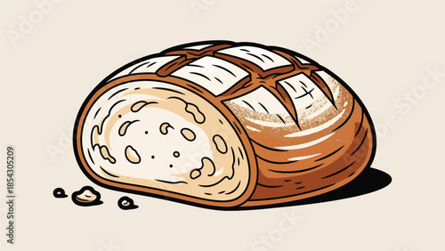 Artisan bread loaf flat illustration with rustic crust texture, isolated on clean background, ideal for bakery branding, bread packaging, and food education visuals