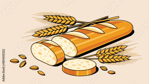 French baguette bread flat illustration with wheat elements, classic bakery food isolated on clean background, ideal for bakery signage, menus, and food branding