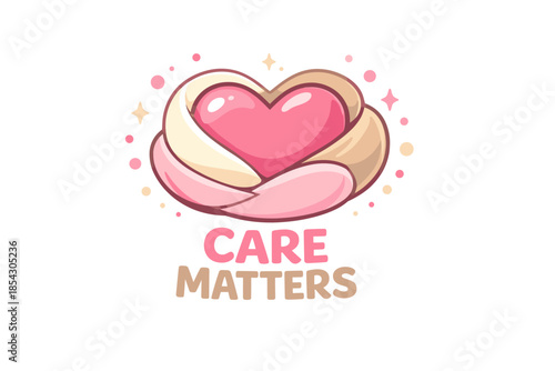 Heart embraced in hands with 'care matters' text and sparkles